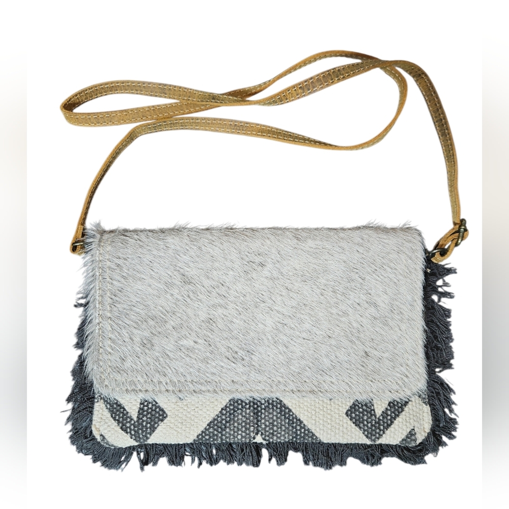 Myra Bag Western Calf Hair Leather Mixed Media Gray Aztec Fringe Crossbody Bag